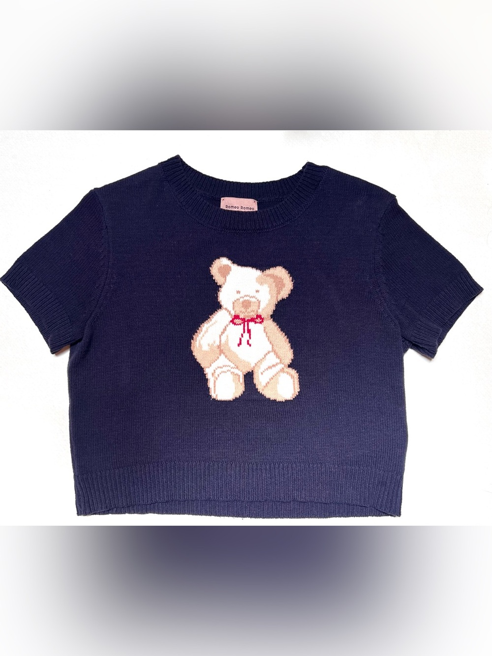 Romeo Romeo🩷Cropped Short Sleeve Sweater with Cute Teddy Bear 🩷 Size Large